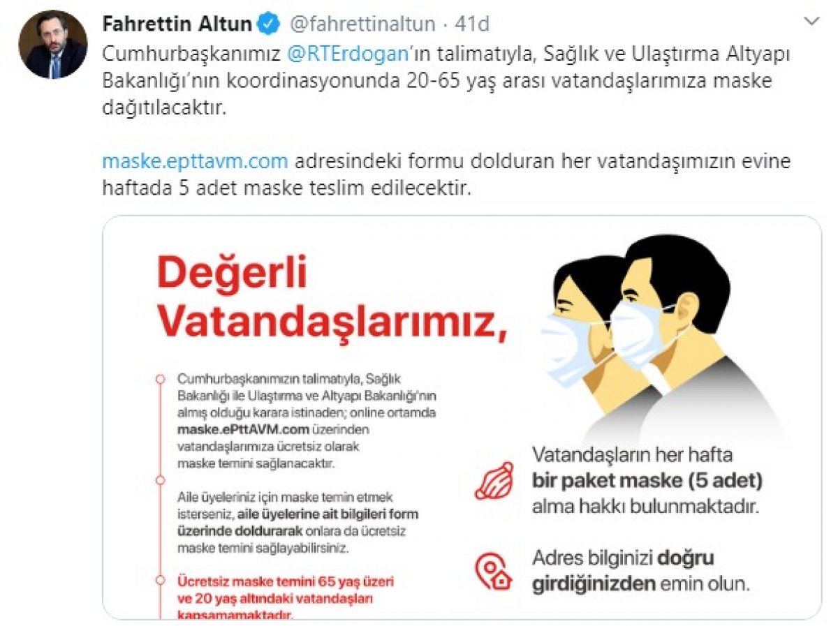 PTT ücretsiz maske dağıtımı yapacak