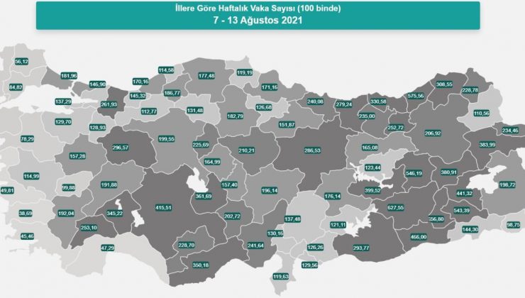 İl il koronavirüs vaka sayıları kaçtır? 7-13 Ağustos